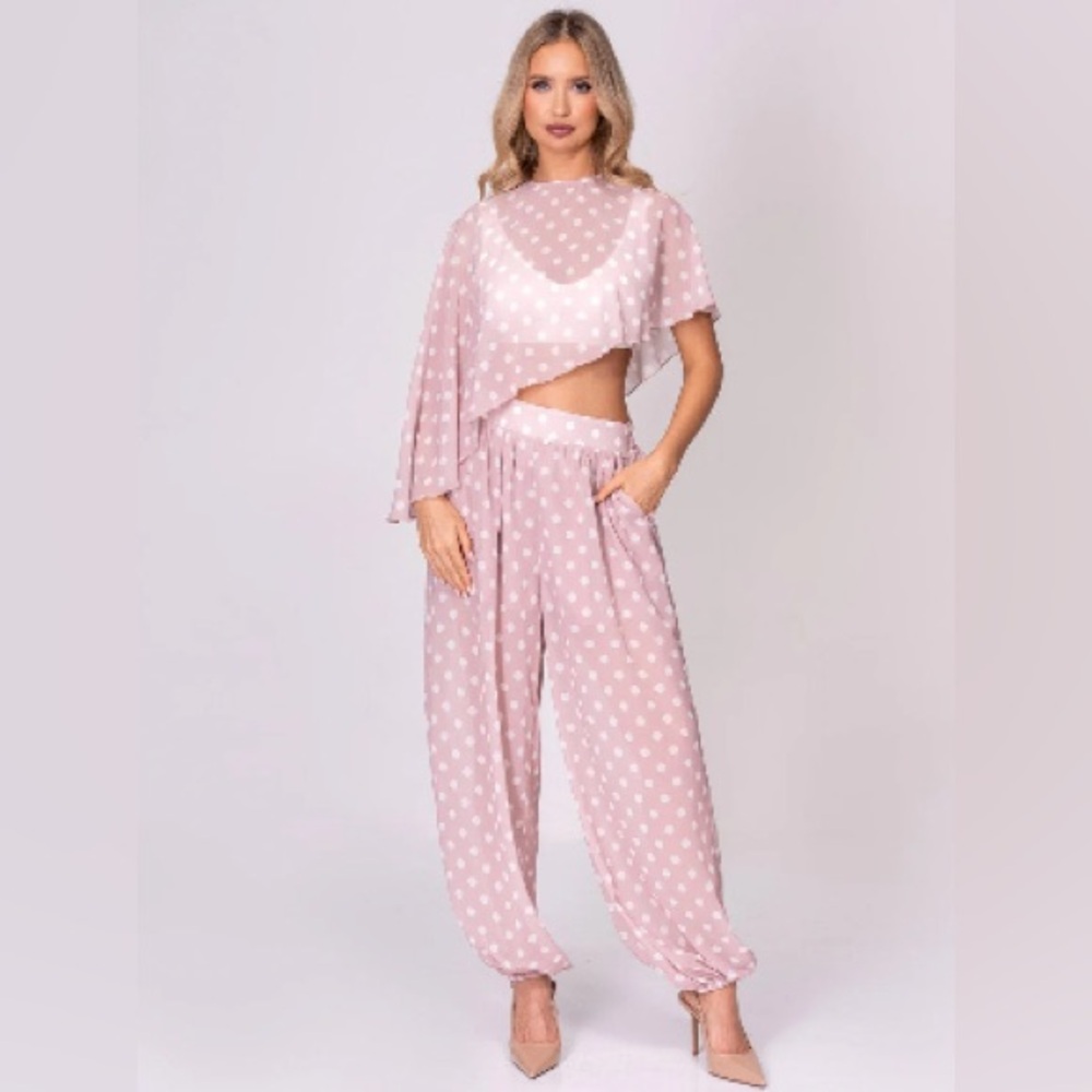 Polka Dot Pink Track Pants & Crop Top Set